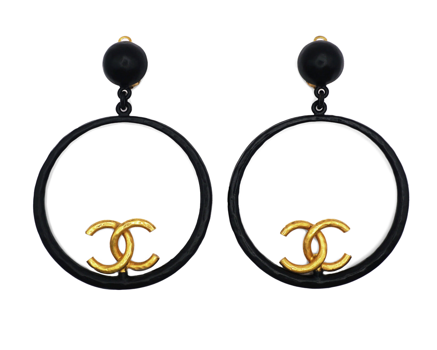 Chanel Vintage Rare XL Black &amp; Gold Logo Hoop Earrings