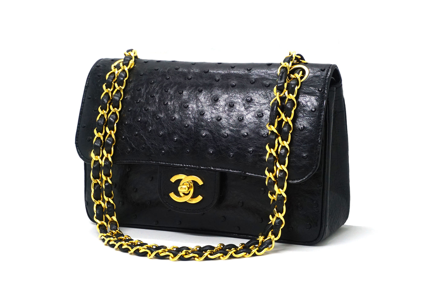Chanel Vintage Rare Black Ostrich Small Classic Double Flap