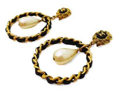 Chanel Vintage Rare XL Classic Pearl & Chain Hoops