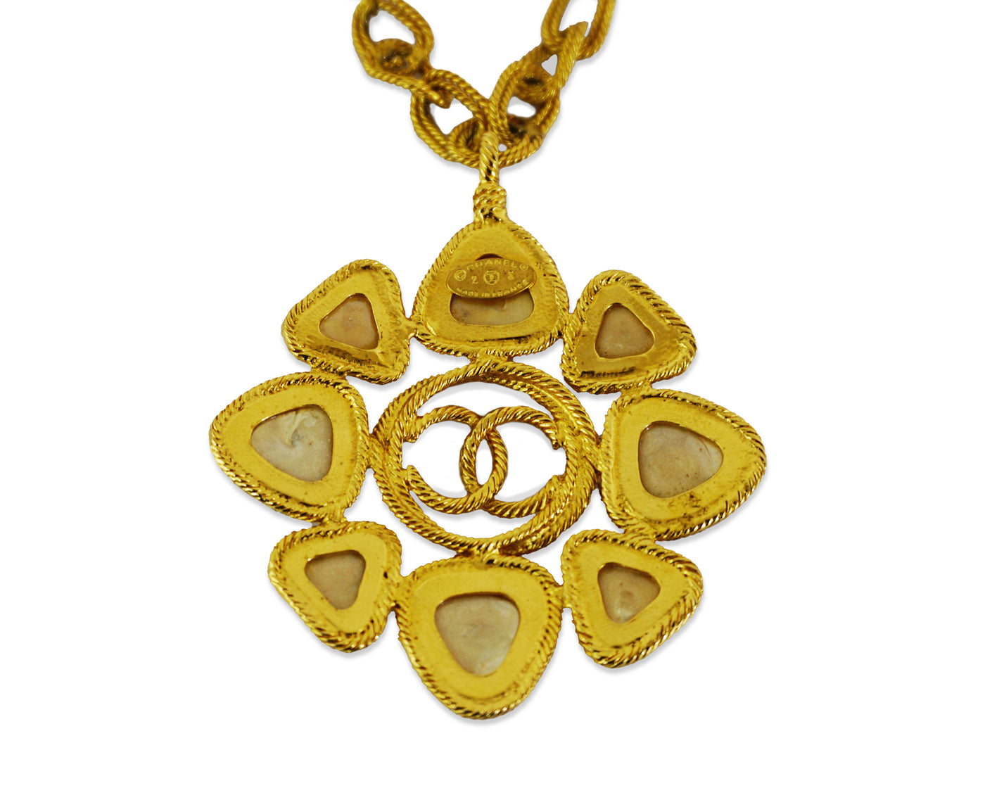 Chanel Vintage Rare Large Pearl & Logo Medallion Pendant Necklace