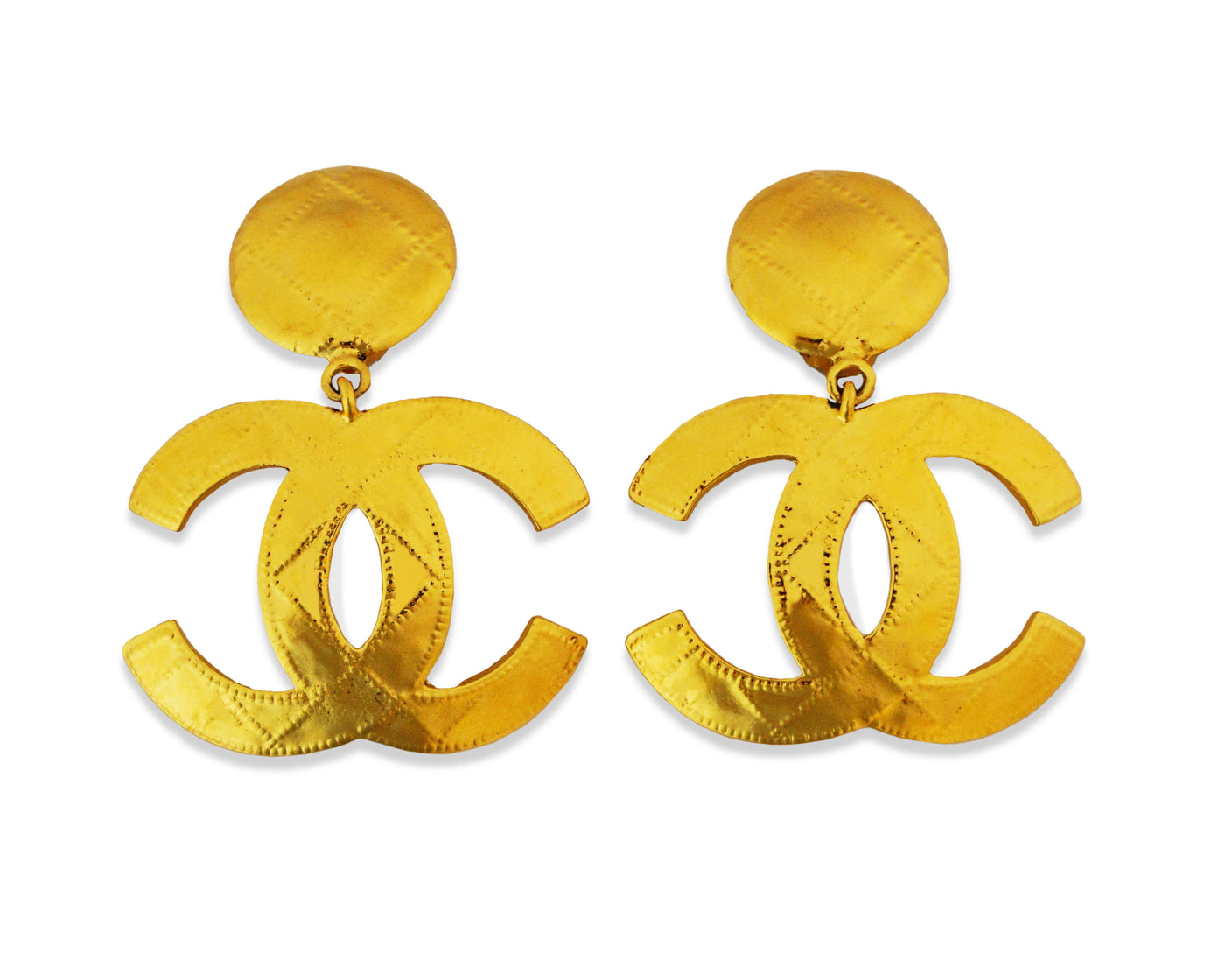 Chanel Vintage Rare XL Quilted Logo Hammered Earrings