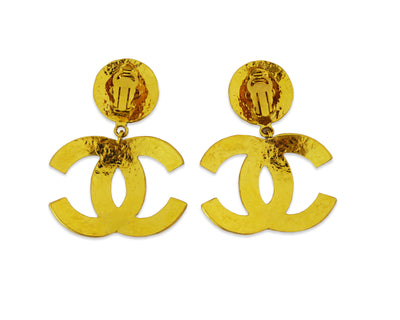 Chanel Vintage Rare XL Quilted Logo Hammered Earrings