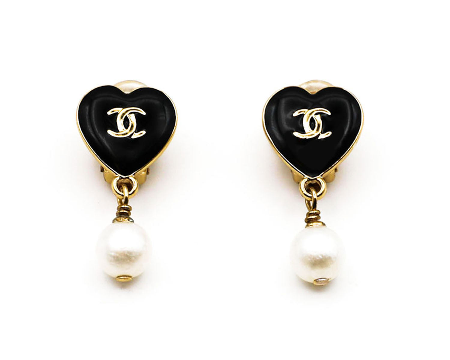 Black Enamel & Pearl Heart Drop Earrings – Classic Coco Authentic Luxury