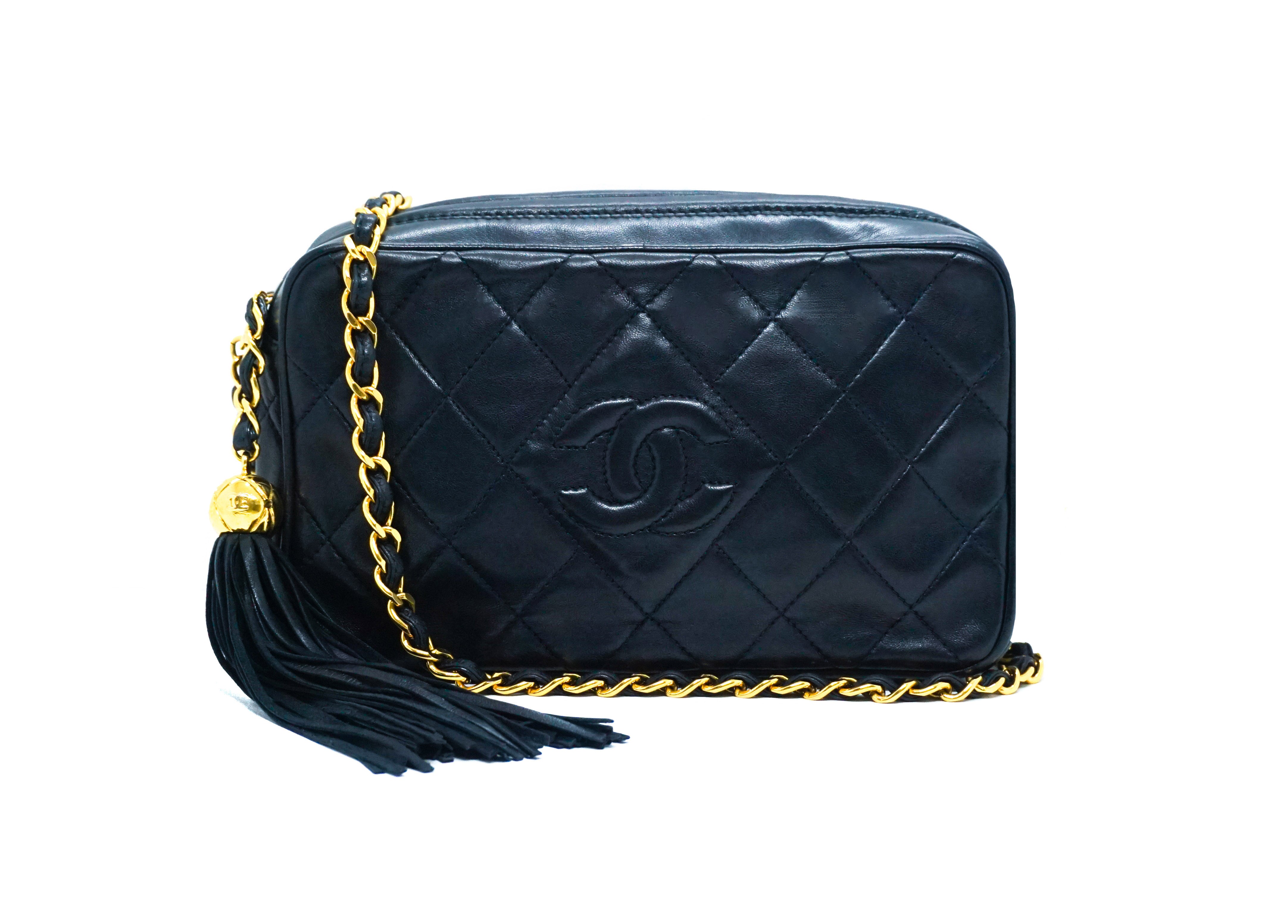 Vintage Rare CHANEL Navy Shoulder Tote Bag Lambskin Leather - Mrs