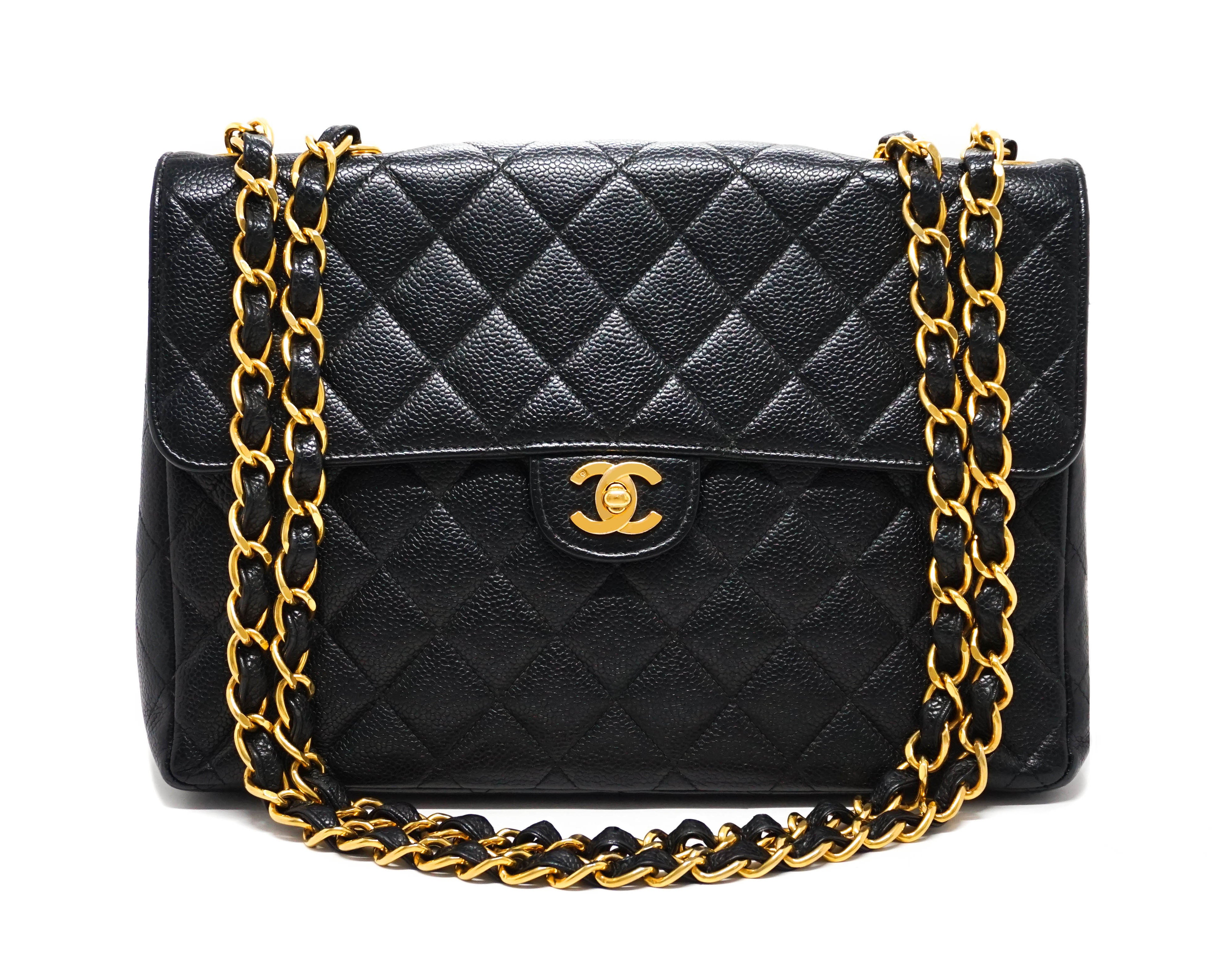 Vintage Chanel Jumbo Classic Single Flap Bag Black Caviar Gold