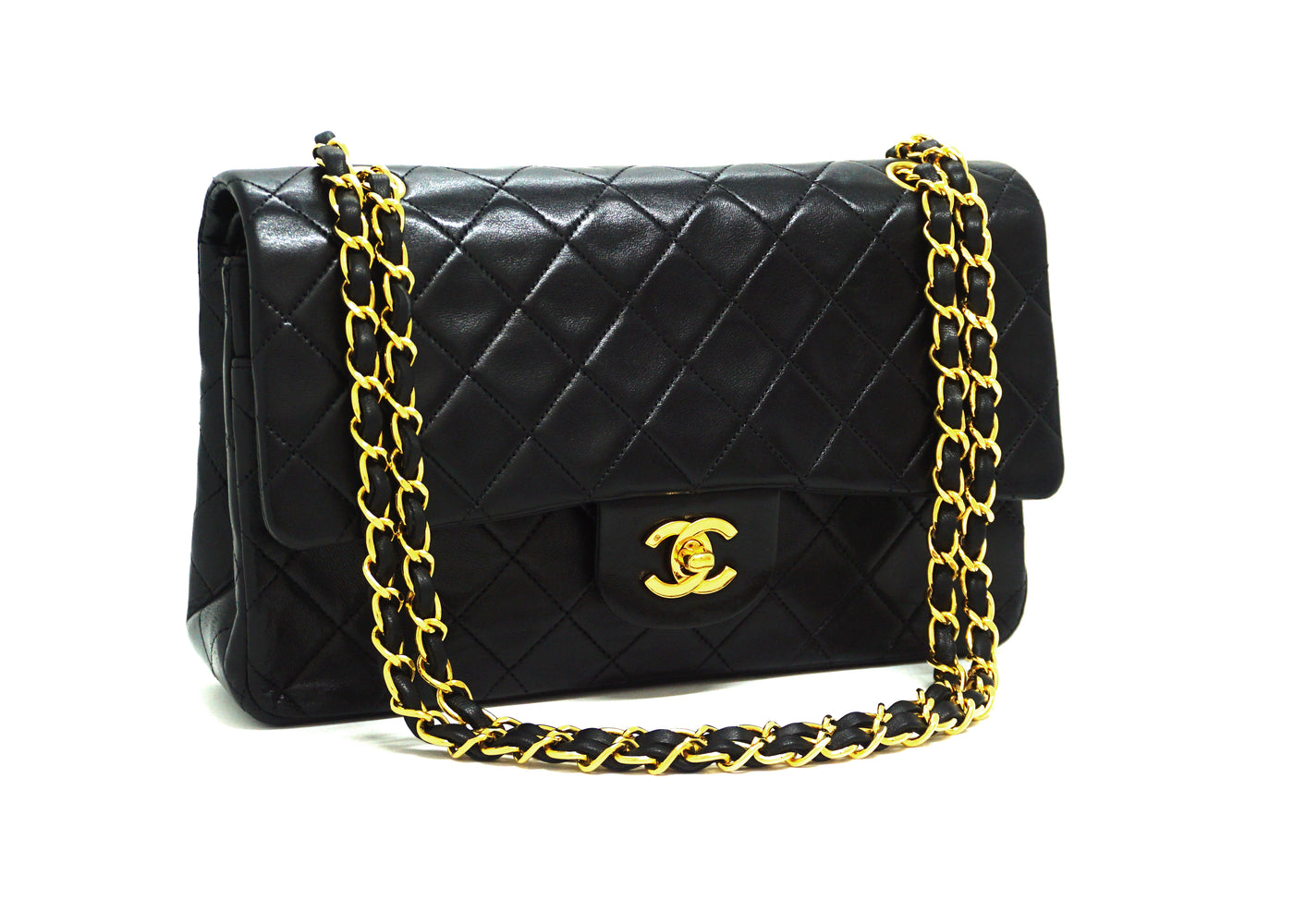 CHANEL Vintage Classic Black Lambskin 24K Gold Chain Medium Double Flap Bag