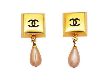 Chanel Vintage Rare Logo Square Block & Pearl Drop Earrings