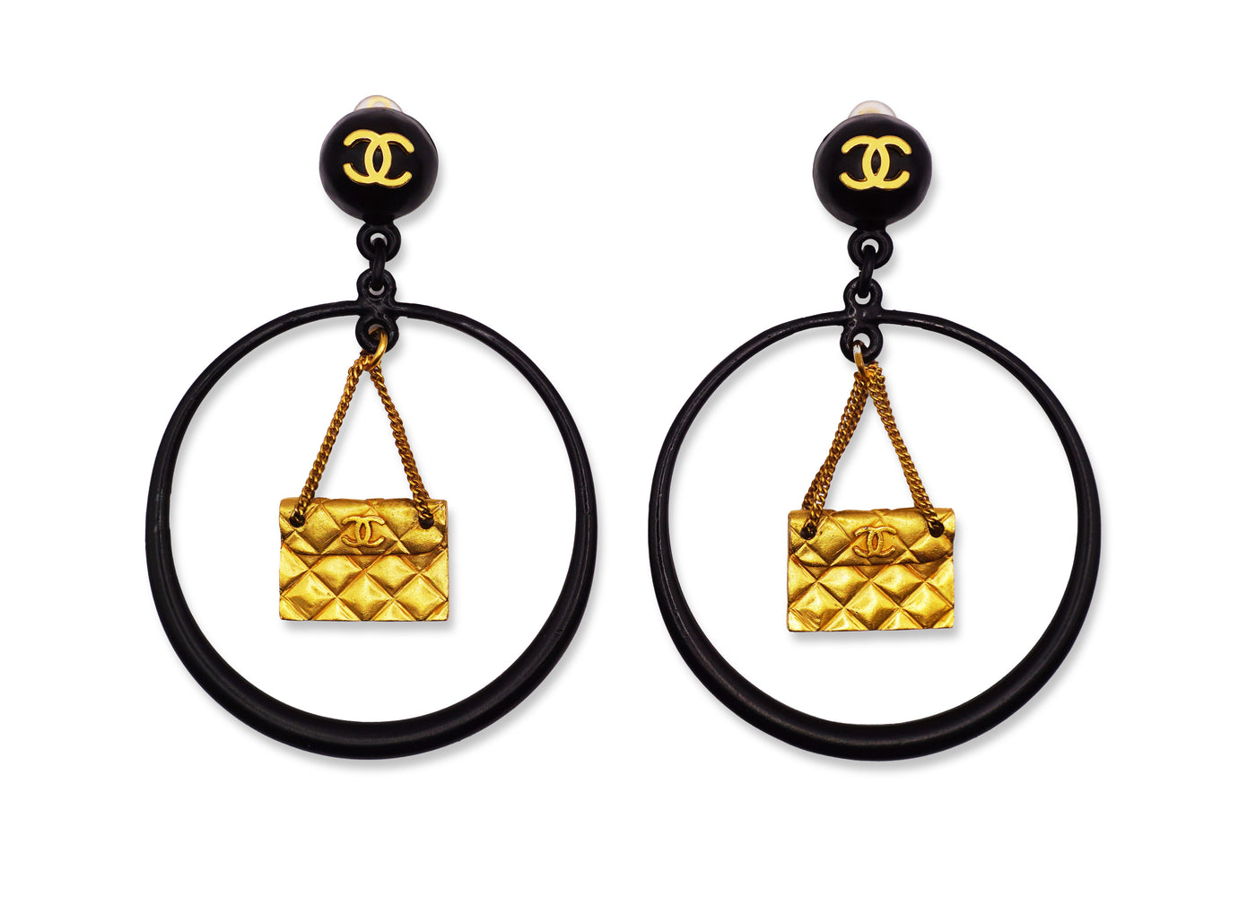 Chanel Vintage Rare XL Black Logo & Purse Charm Earrings