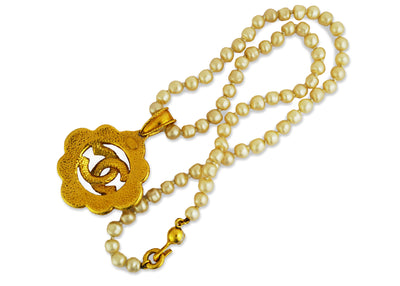 Chanel Vintage Rare Pearl & Logo Medallion Pendant Necklace