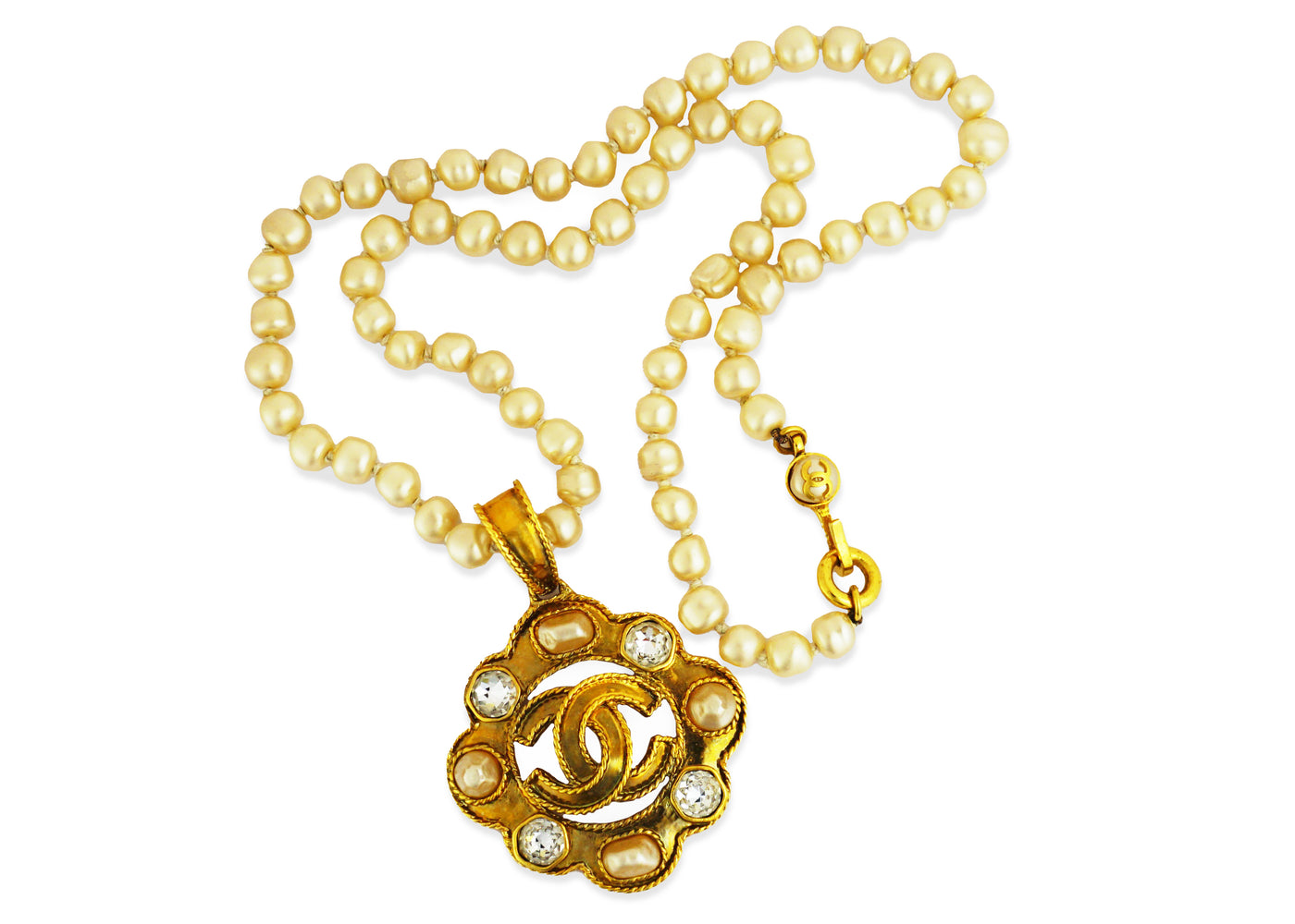 Chanel Vintage Rare Pearl & Logo Medallion Pendant Necklace