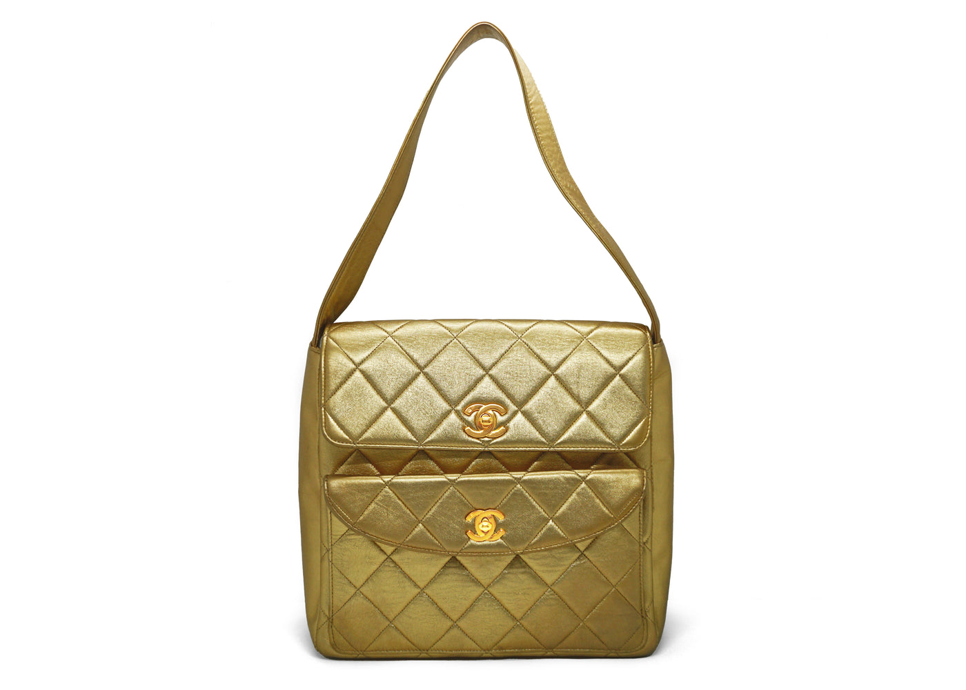 Chanel Vintage Rare Gold Metallic Lambskin Double Turnlock Tote