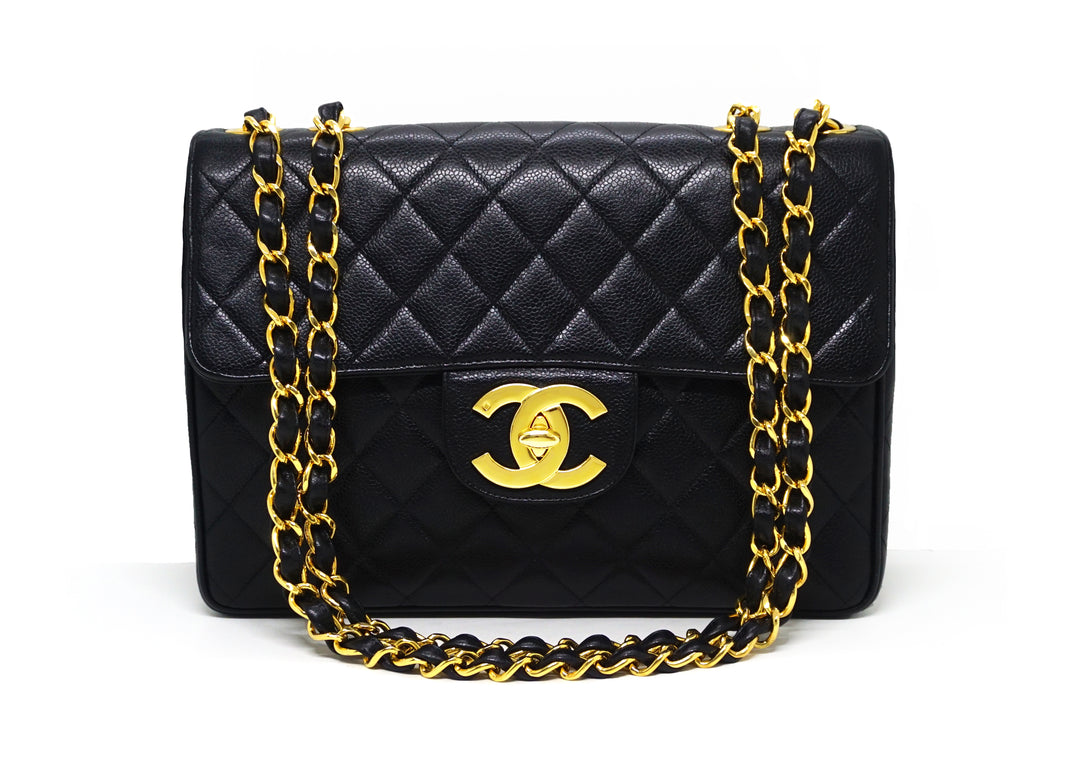 Chanel Vintage Rare Black Caviar XL CC Jumbo Flap – Classic Coco