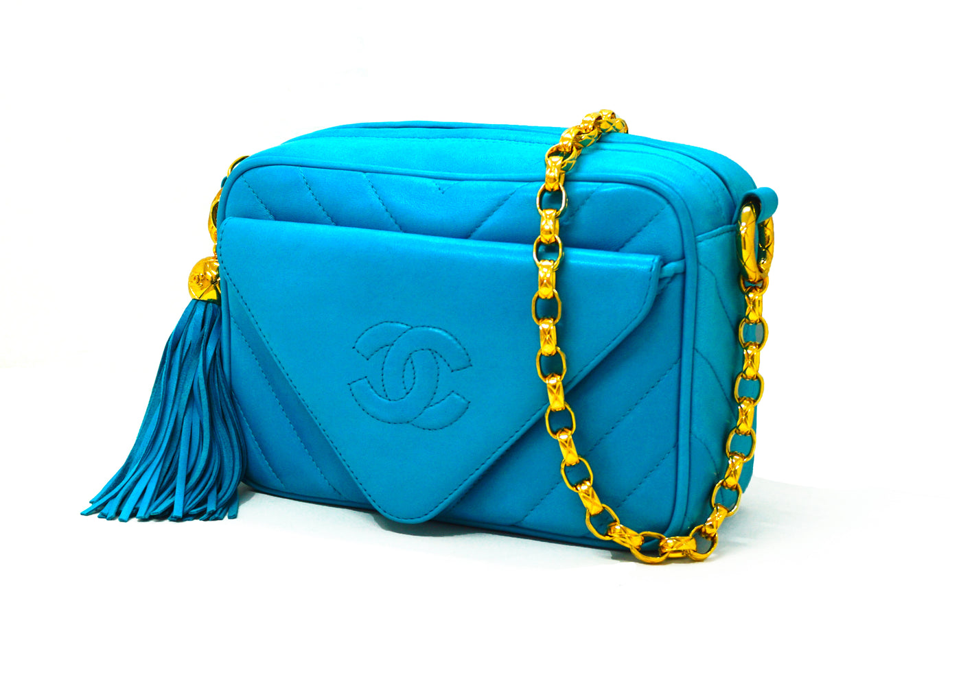 Chanel Vintage Rare Teal Lambskin Chevron Camera Bag
