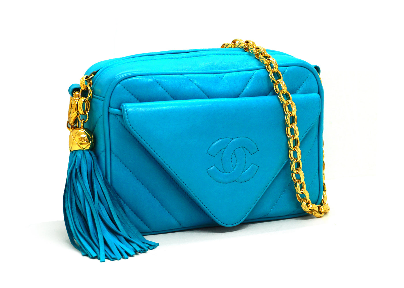 Chanel Vintage Rare Teal Lambskin Chevron Camera Bag
