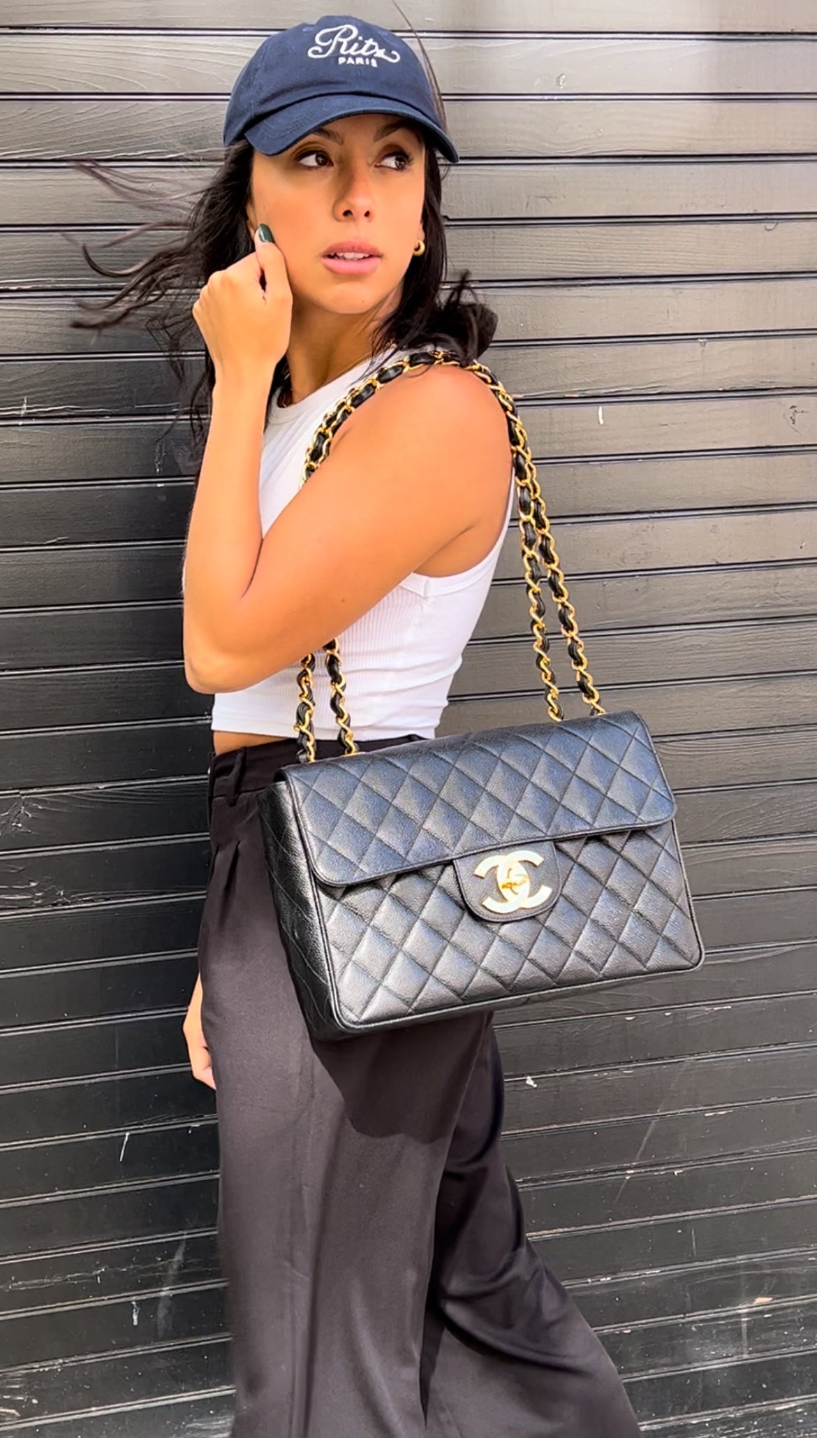 Chanel Vintage Rare Black Caviar XL CC Jumbo Flap