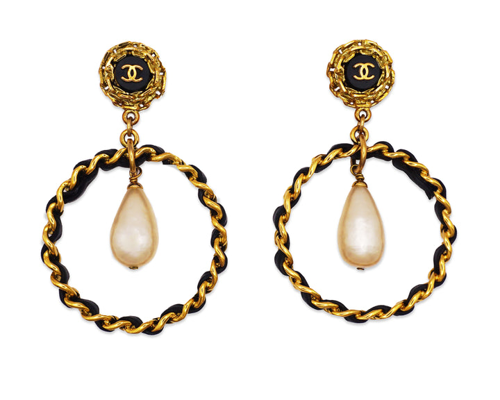 Chanel Vintage Rare XL Classic Pearl & Chain Hoops – Classic Coco
