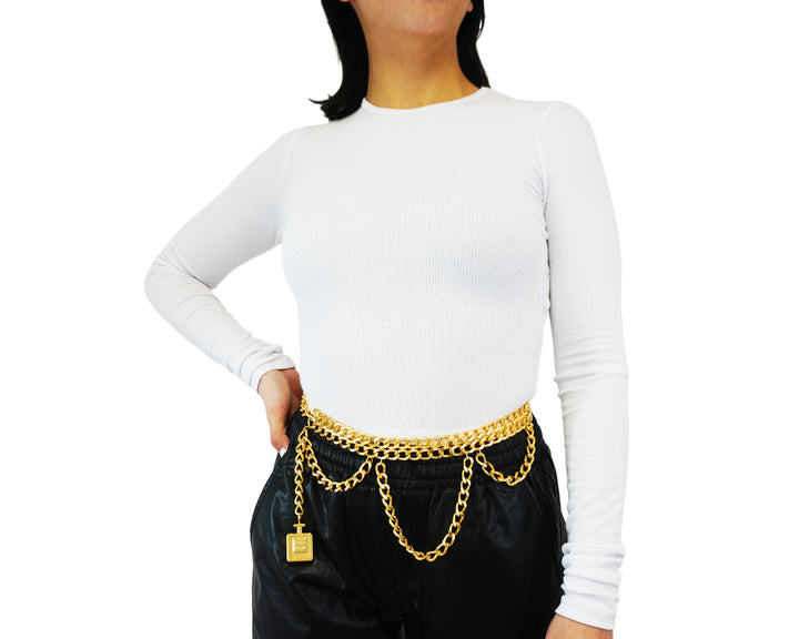Chanel Perfume Bottle Logo Chain Belt Gold Plated 1 Chanel Vintage Rare Perfume Bottle Chain Belt – Classic Coco  main image 4