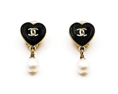 Chanel Vintage Black Enamel & Pearl Heart Drop Earrings