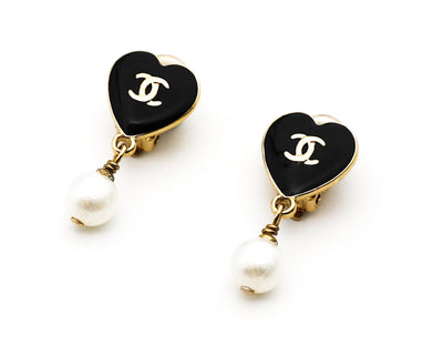 Chanel Vintage Black Enamel & Pearl Heart Drop Earrings