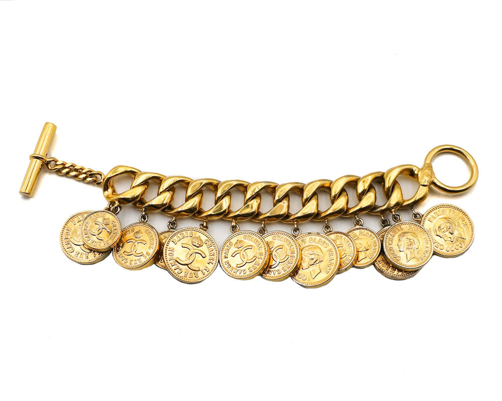 Chanel Vintage Rare Gold Logo Coin Bracelet – Classic Coco Authentic Vintage  Luxury