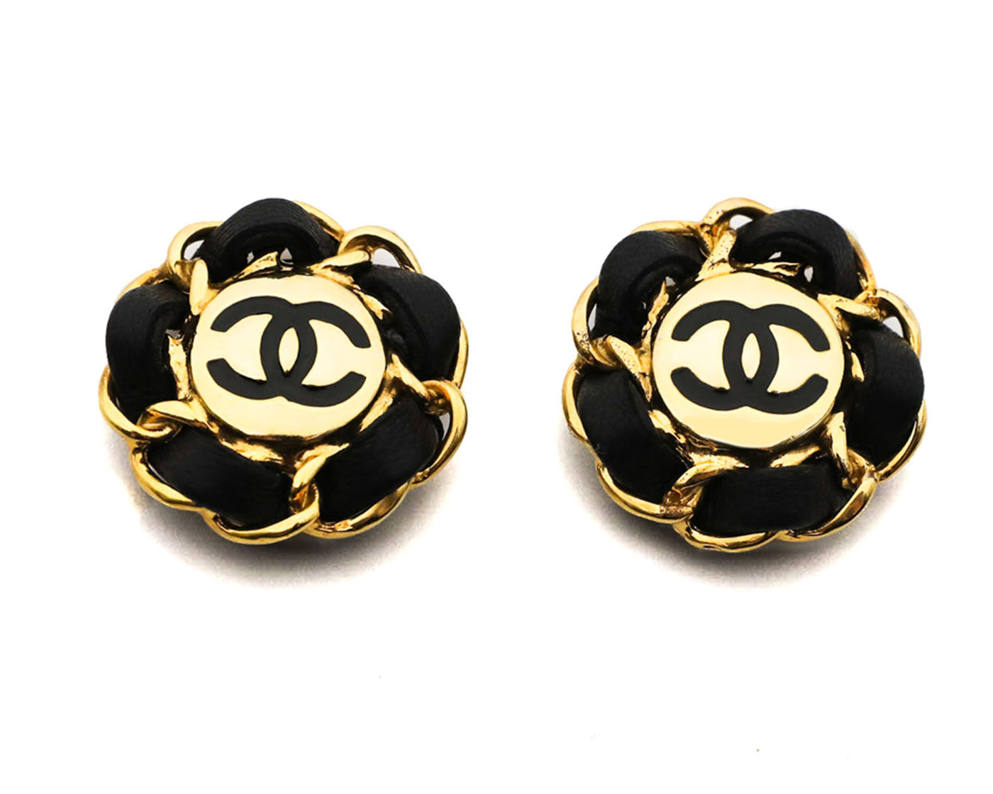 Chanel Vintage Black Leather Chain Logo Earrings