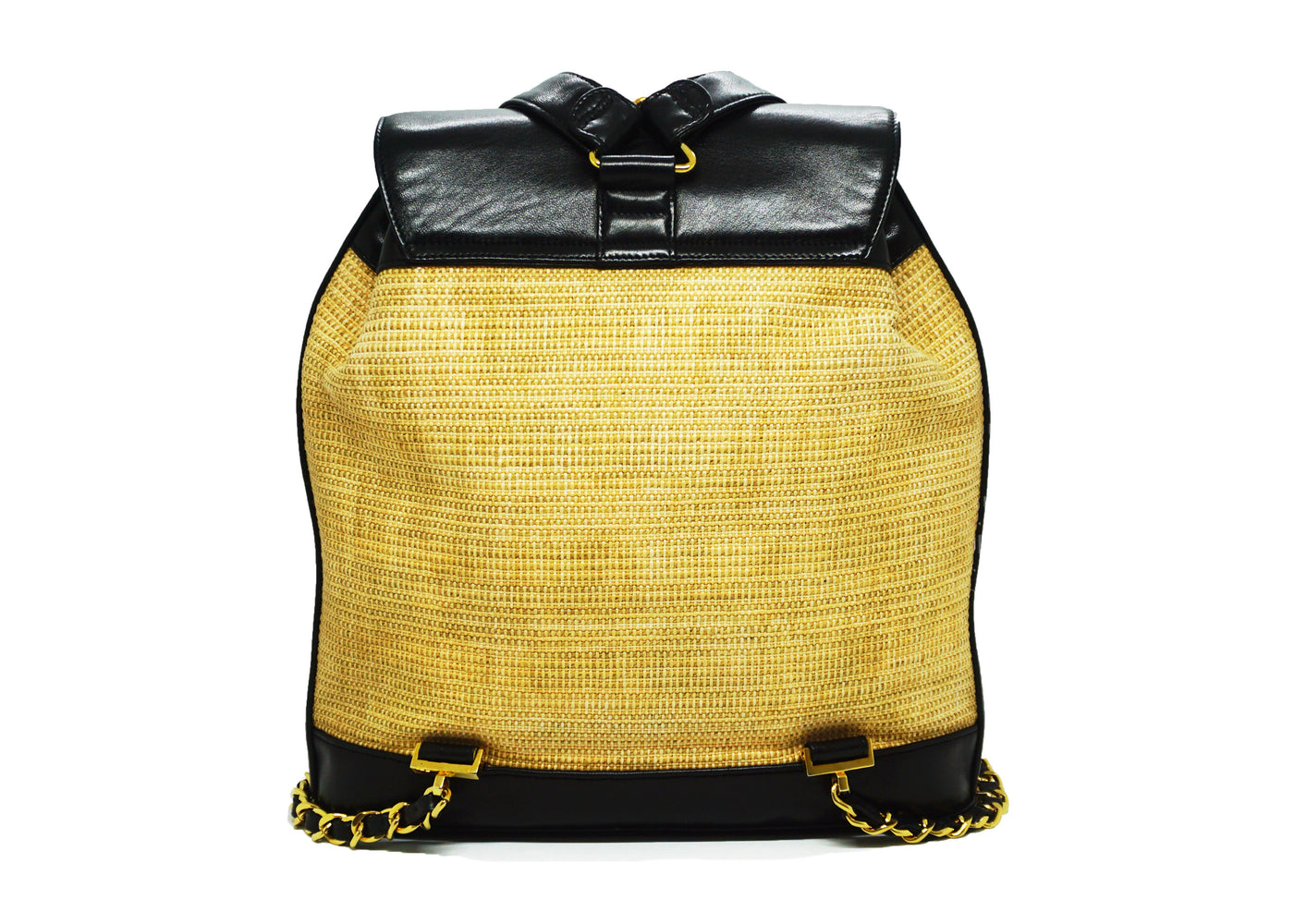 Chanel Vintage Rare Black Lambskin & Raffia Backpack