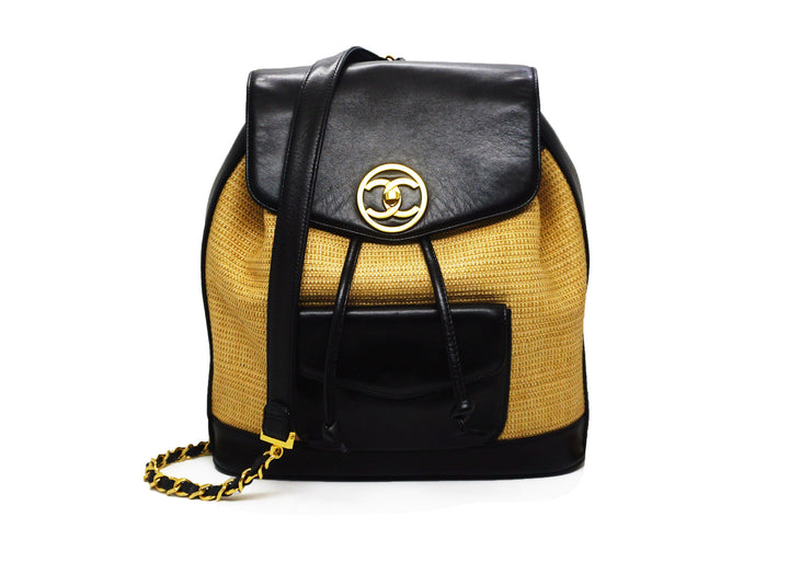 Chanel Vintage Rare Black Lambskin & Raffia Backpack  display picture 2