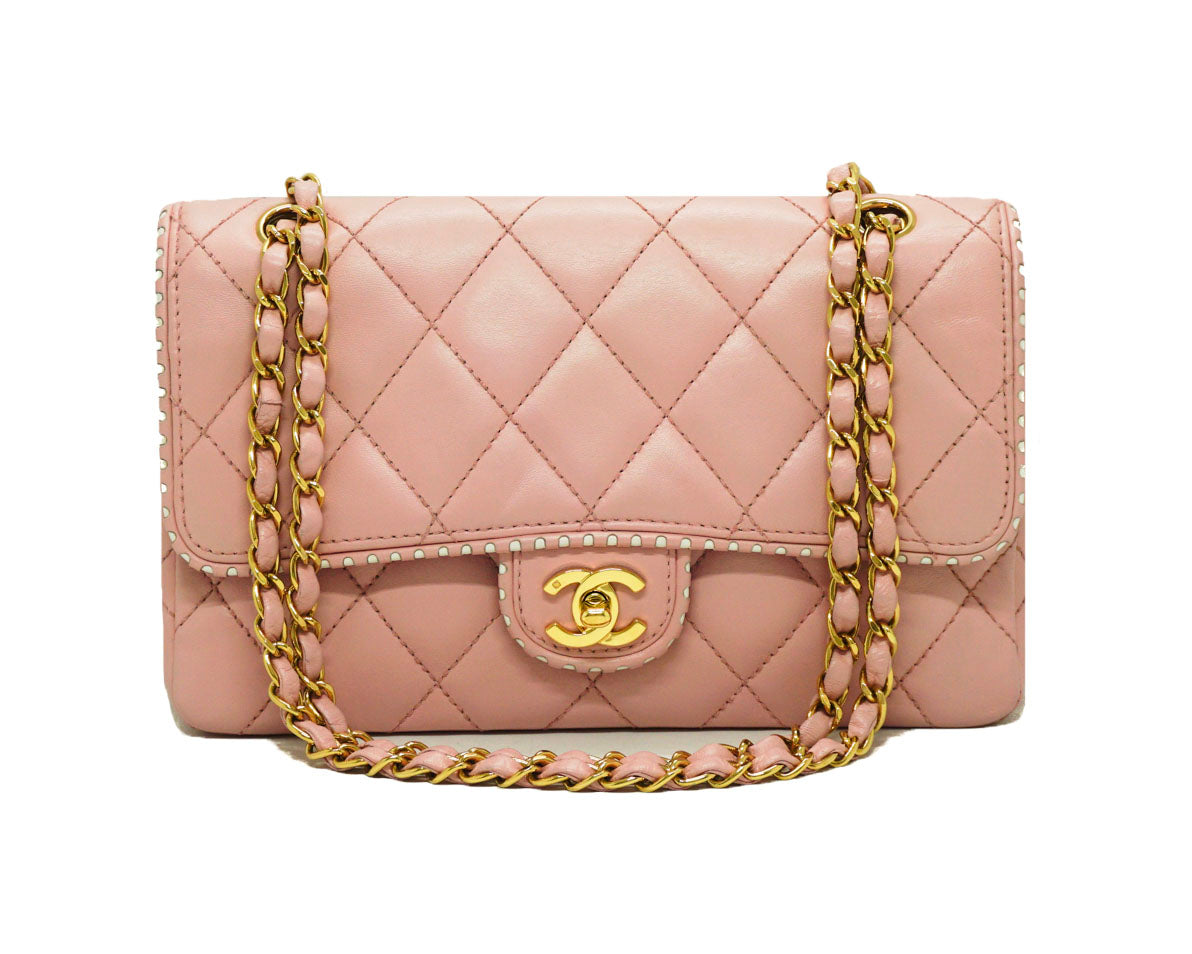 Vintage CHANEL rare milky pink lambskin golden chain mini bag with