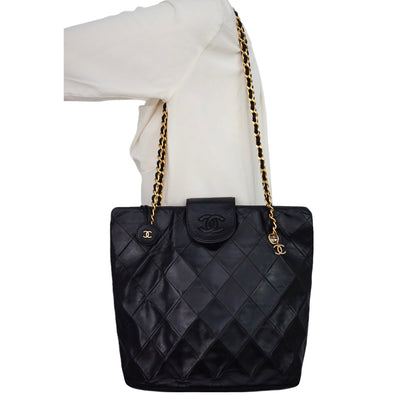 Authentic Chanel Vintage Black Quilted Lambskin Tote