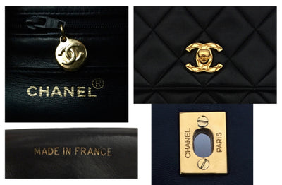 Authentic Chanel Vintage Black Lambskin Rare Etched Chain Mini Flapover