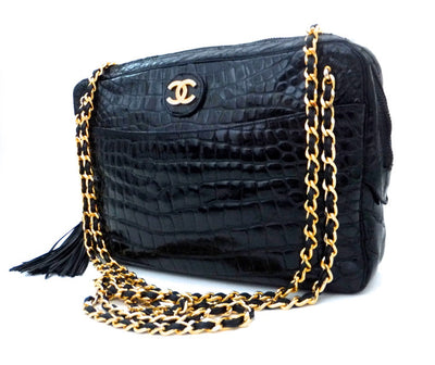 Authentic Chanel Vintage Black Alligator Camera Handbag