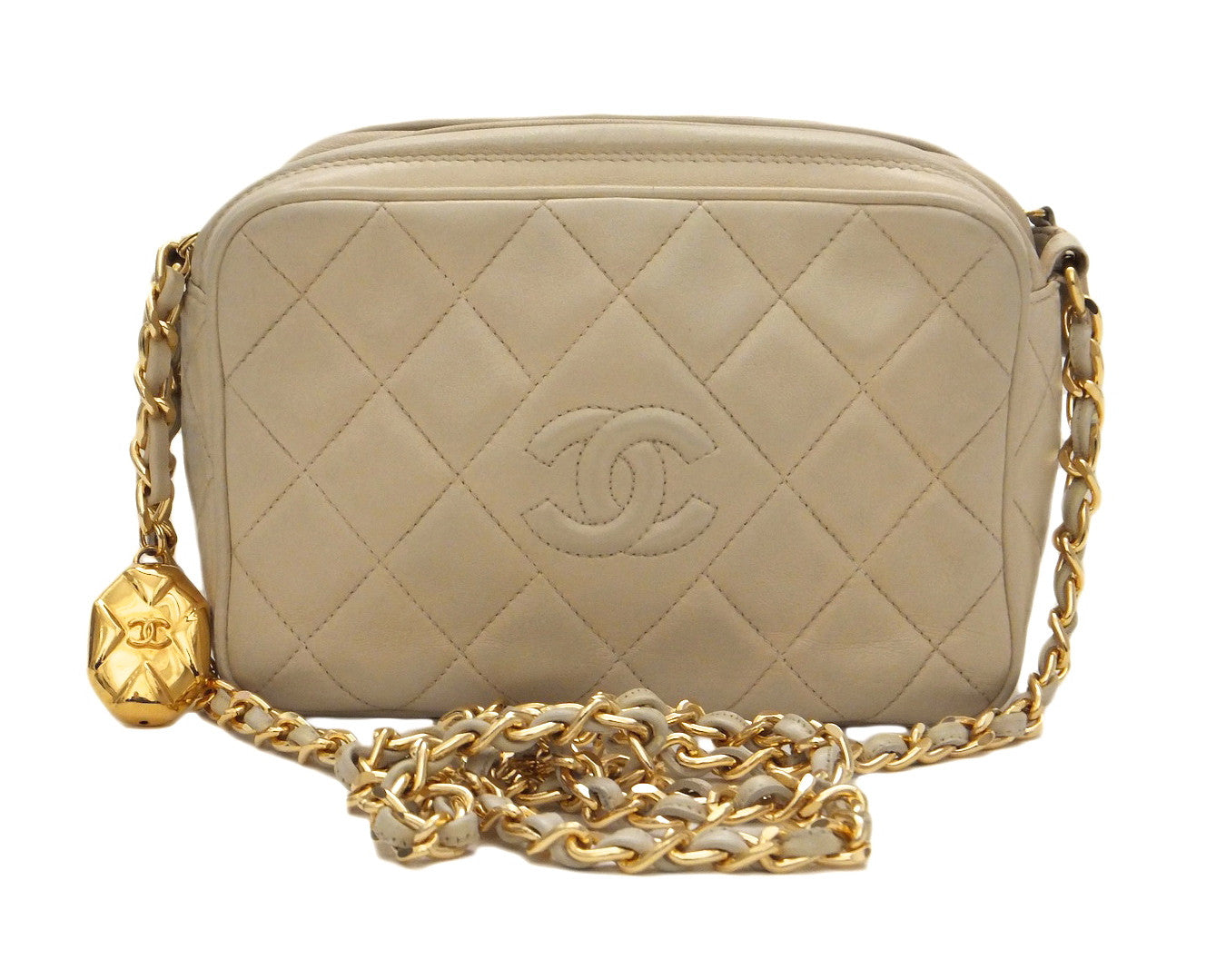 Authentic Chanel Vintage Beige Lambskin Quilted Camera Style