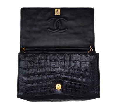 Chanel Vintage Black Crocodile 10” Flap Handbag