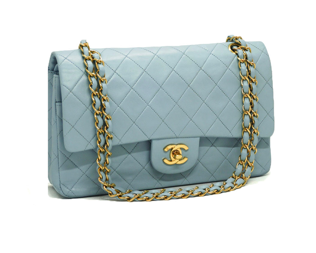Chanel Vintage Rare Blue Lambskin Medium Classic Double Flap