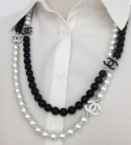 black and white pearl chanel necklace long