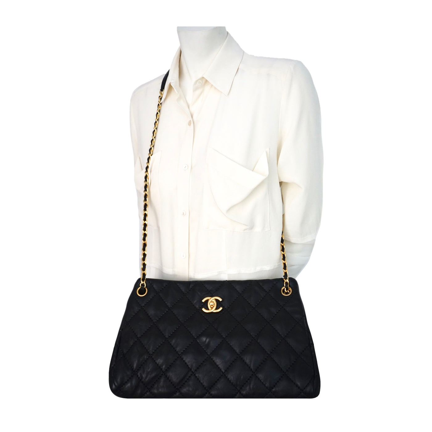 Authentic Chanel Black Calfskin Modern Quilted Tote
