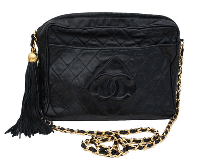 Authentic Chanel Vintage Black Lamb Quilted XL Camera Style Handbag