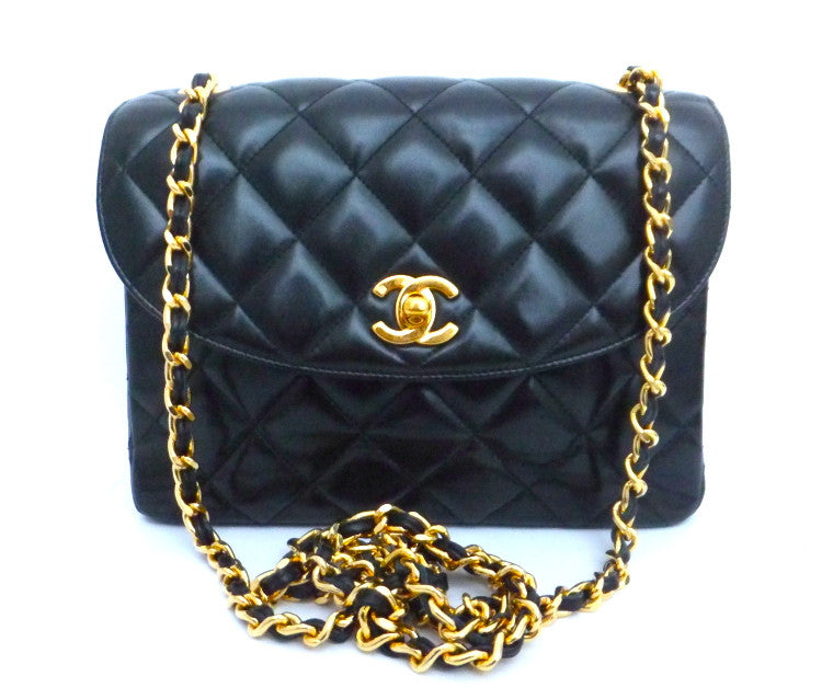 Authentic Chanel Vintage Black Labmskin Flapover