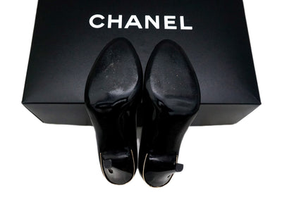 Authentic Chanel Classic Runway Black Patent Open-Toe Pumps