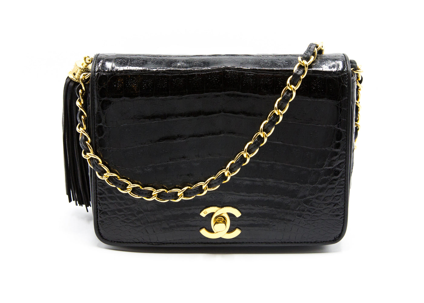 Chanel Shiny Black Crocodile Small Double Flap Bag with Gold Hardware. Very  Good Condition