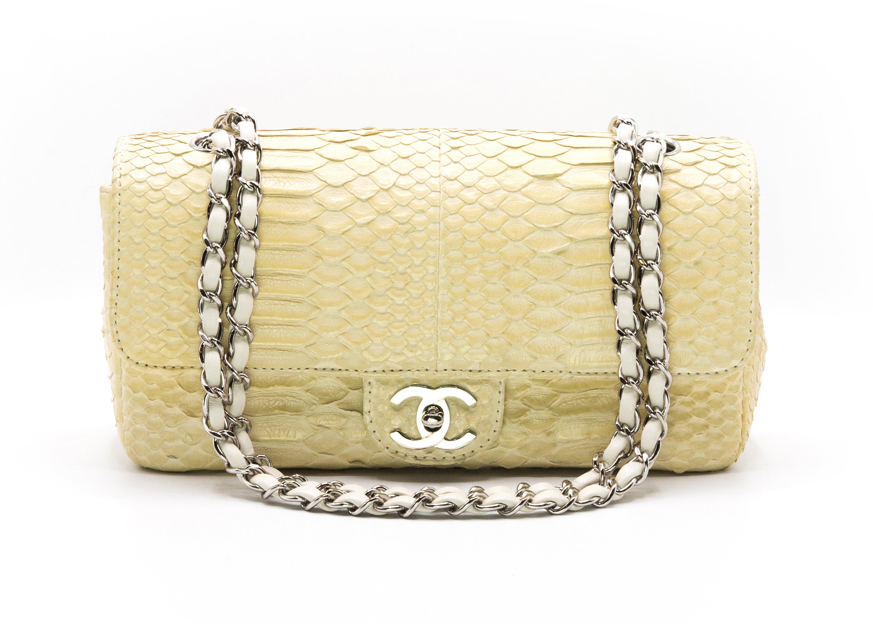Chanel Bone White Python 2.55 10” Single Flap Bag – Classic Coco