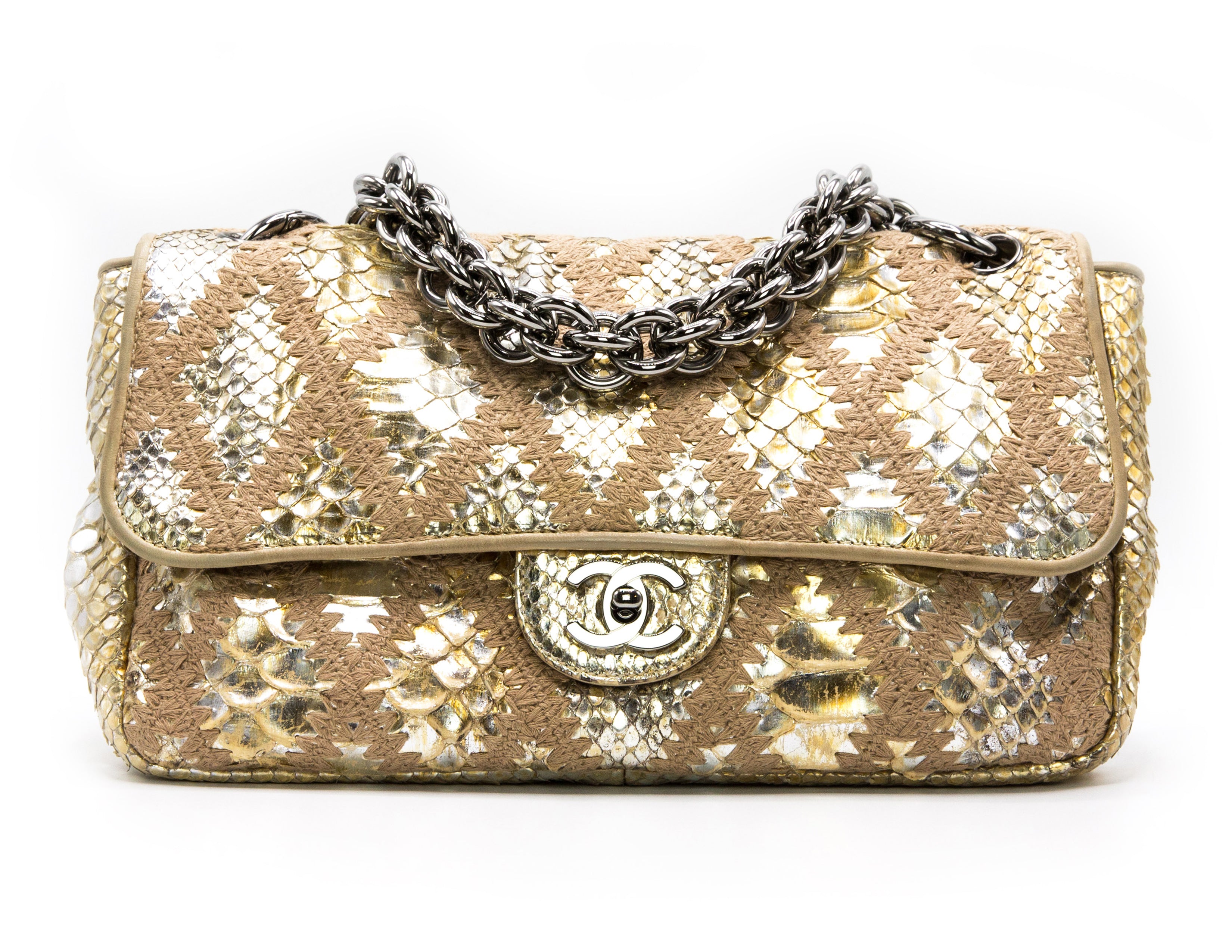 Chanel Gold Metallic Python & Crochet Rare Jumbo Flap – Classic Coco ...
