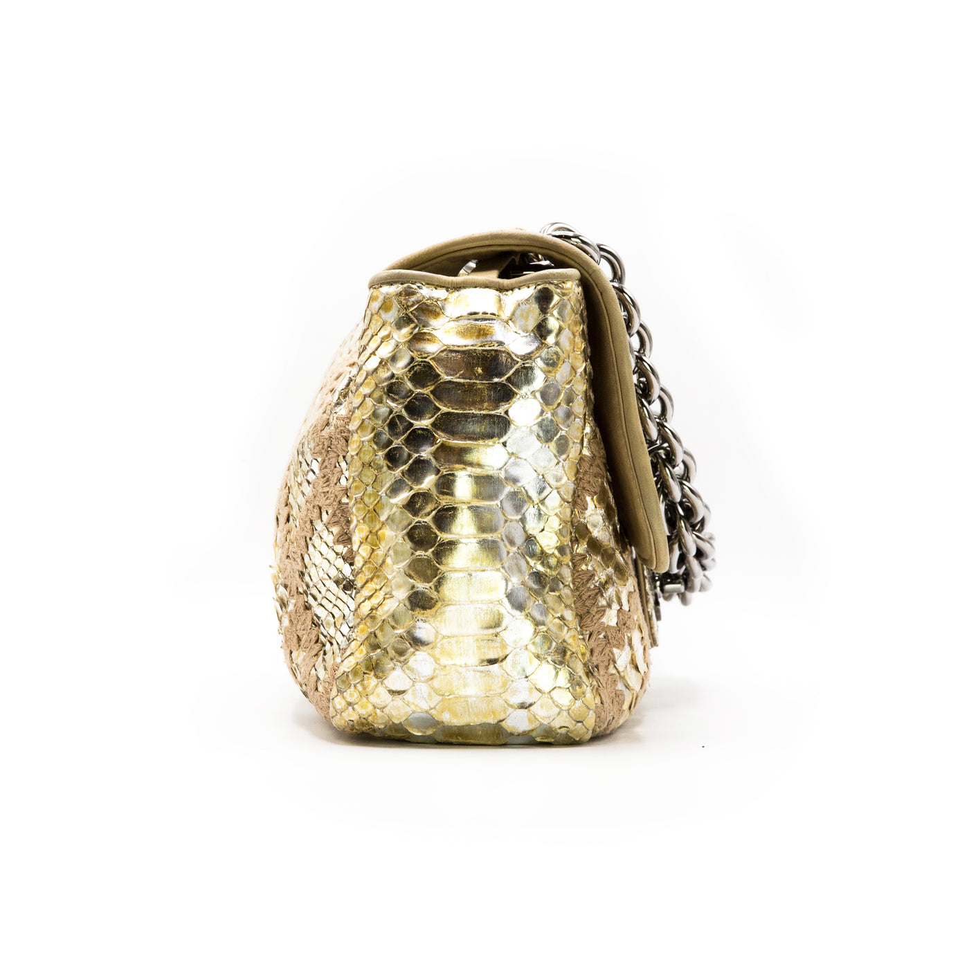 Chanel Gold Metallic Python & Crochet Rare Jumbo Flap