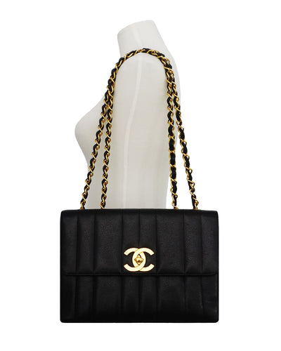 Chanel Vintage Black Caviar Vertical Quilted Jumbo