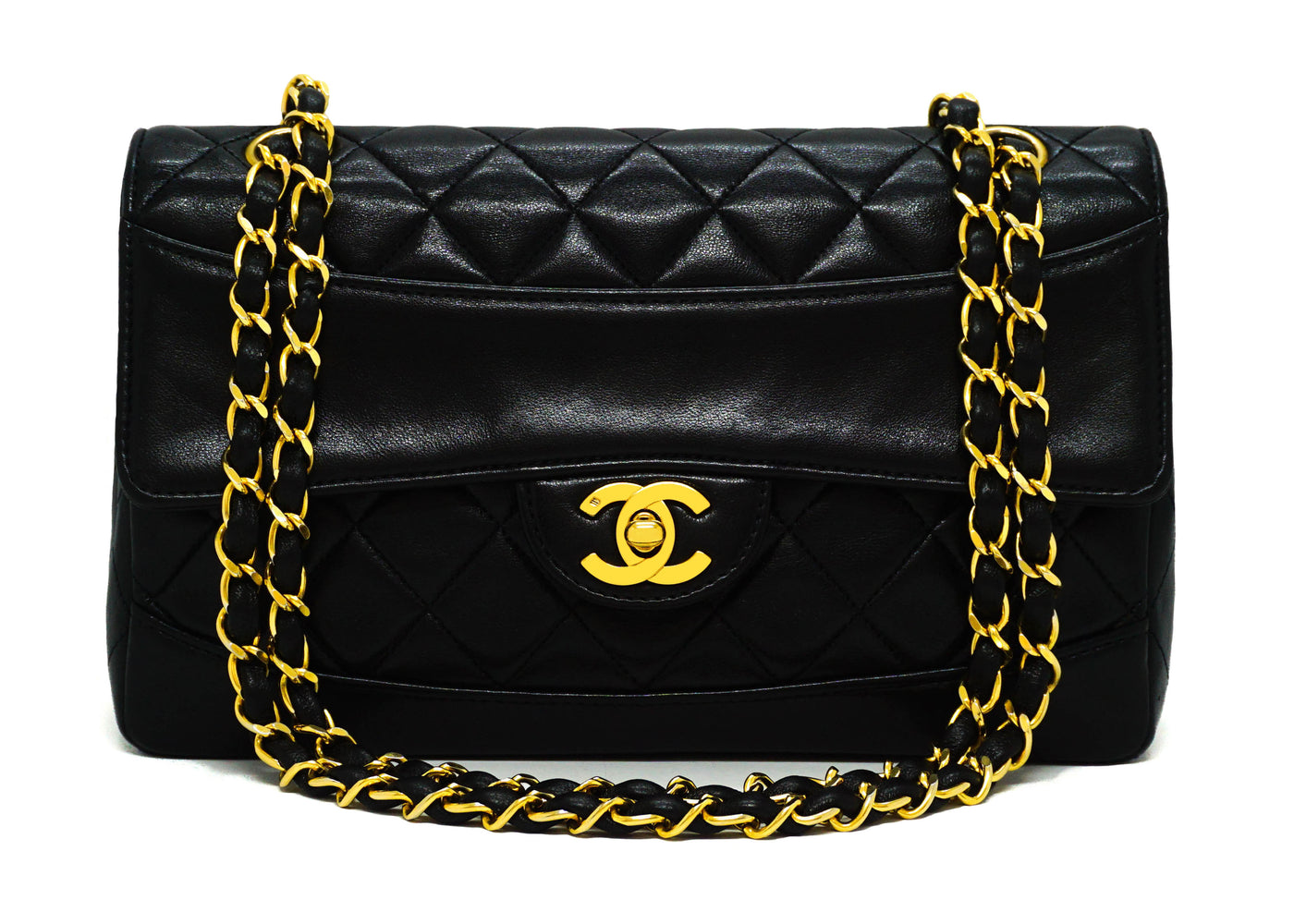 Chanel Vintage Black Lambskin Medium Classic Band Across 10” Flap Bag
