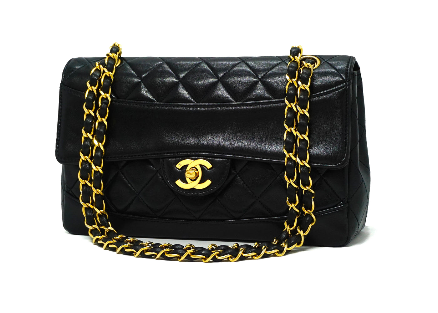 Chanel Vintage Black Lambskin Medium Classic Band Across 10” Flap Bag