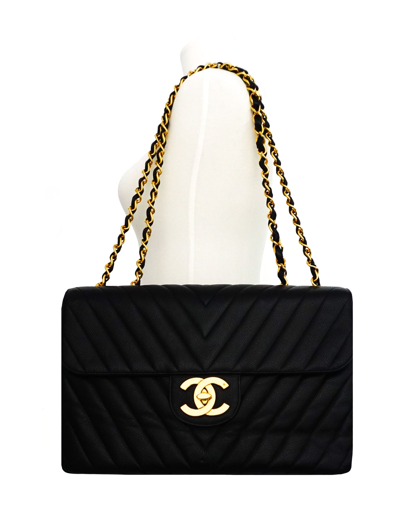 Chanel Vintage Black Caviar Chevron Maxi XL Jumbo – Classic Coco Authentic Vintage  Luxury