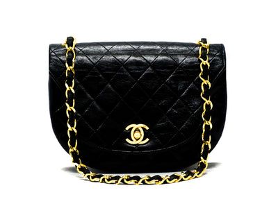 Chanel Vintage Rare Black Lambskin Round Quilted Mini Flap