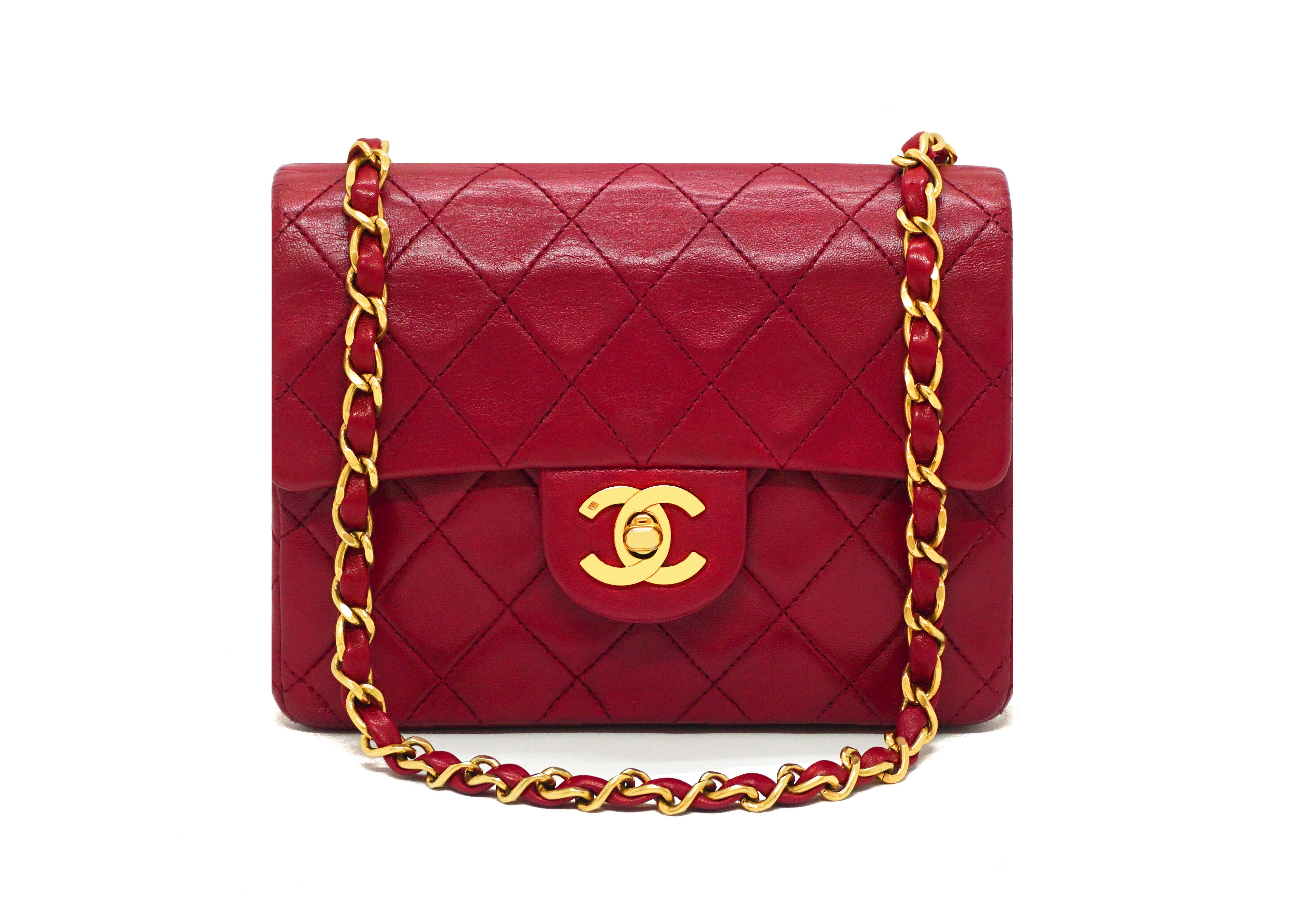 Chanel Mini square handbag in red caviar quilted leather, Silver