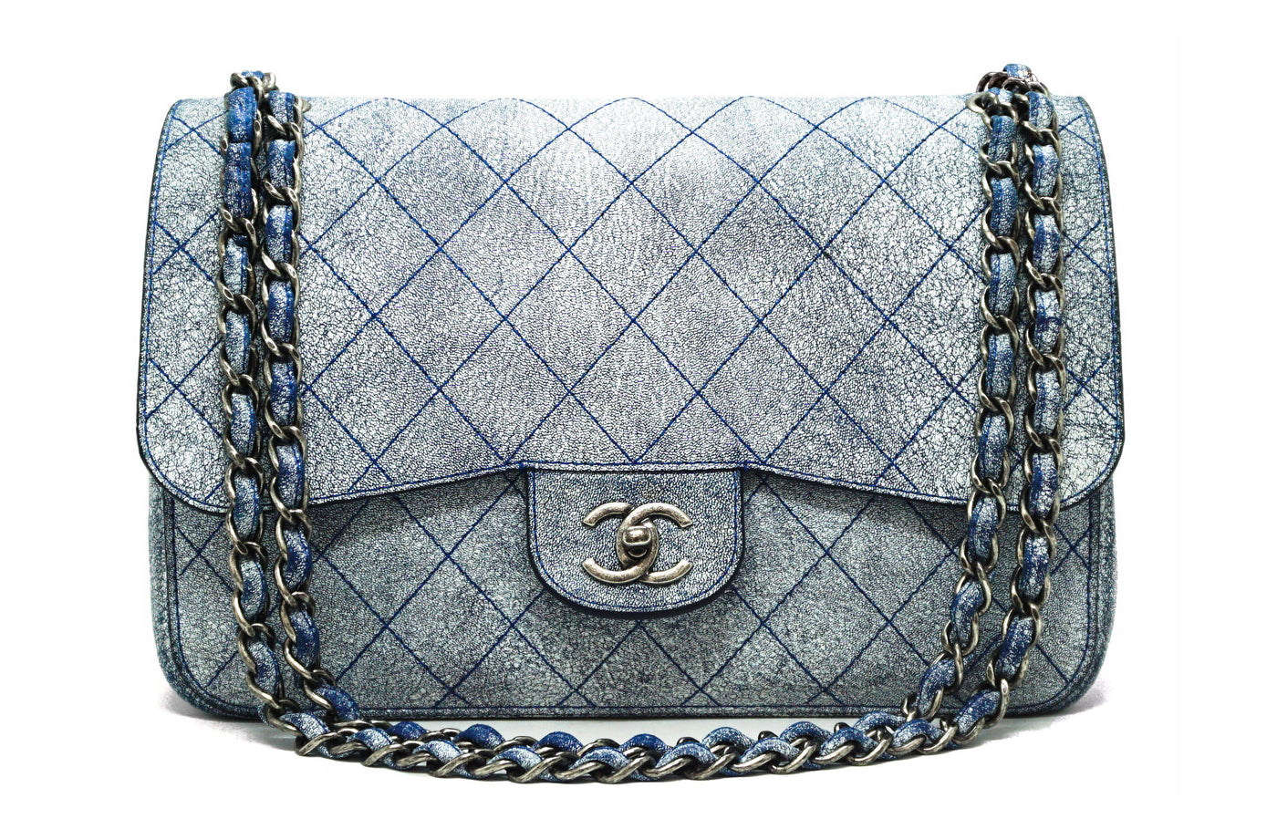 Chanel Runway Blue Distressed Calfskin Double Flap Jumbo – Classic Coco  Authentic Vintage Luxury